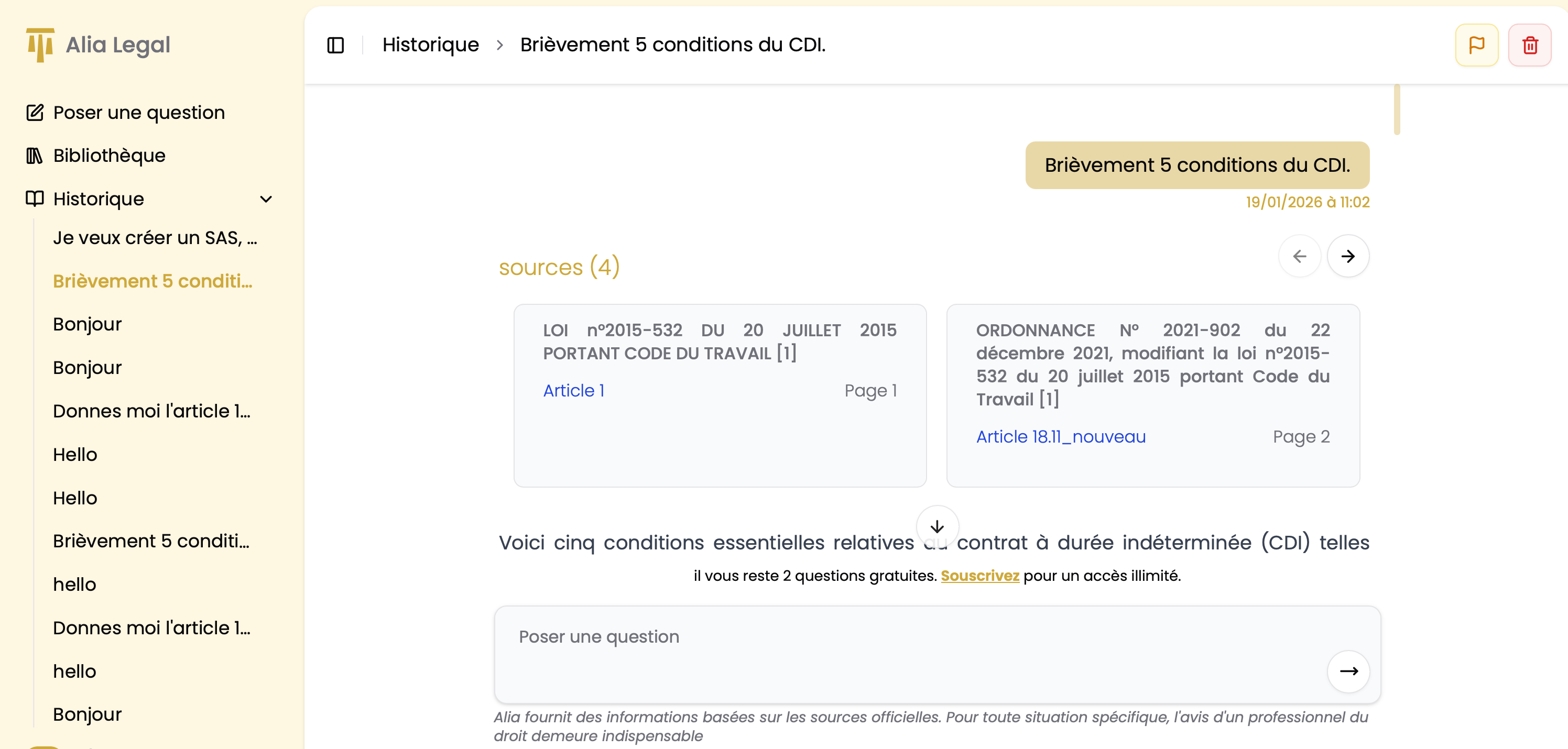 Historique des recherches juridiques dans Alia